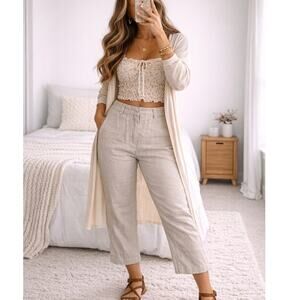 Lightweight Linen Cropped Pants Beige L Pull On Relaxed Fit Summer Clean Girl
